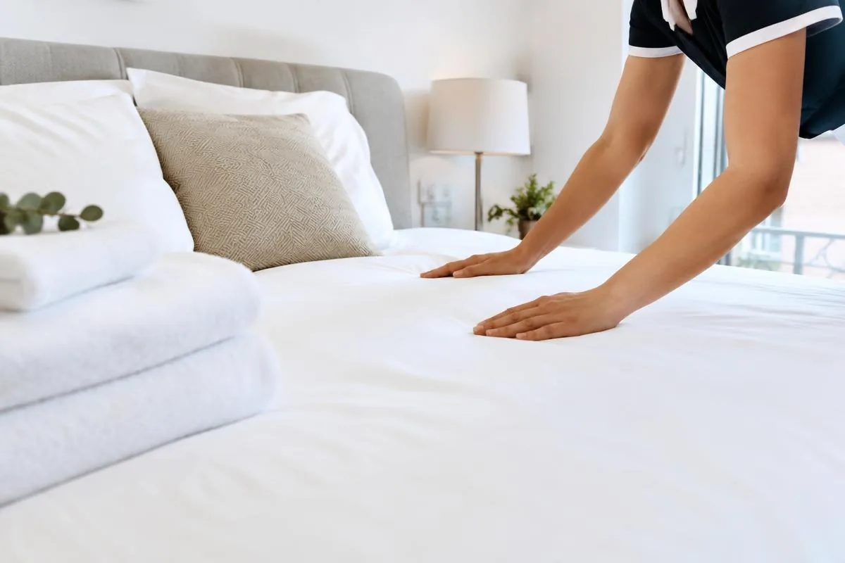 neufuss.at – Airbnb Reinigung Wien Endreinigung: frisch bezogenes Bett und gefaltete Handtücher in einer Wiener Ferienwohnung