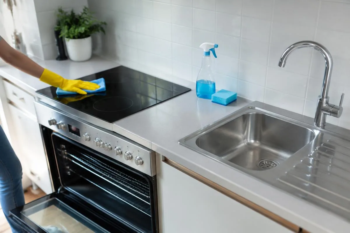 neufuss.at – Küchenreinigung Wien: gereinigter Backofen, Kochfeld und Edelstahlspüle in einer Wiener Wohnküche